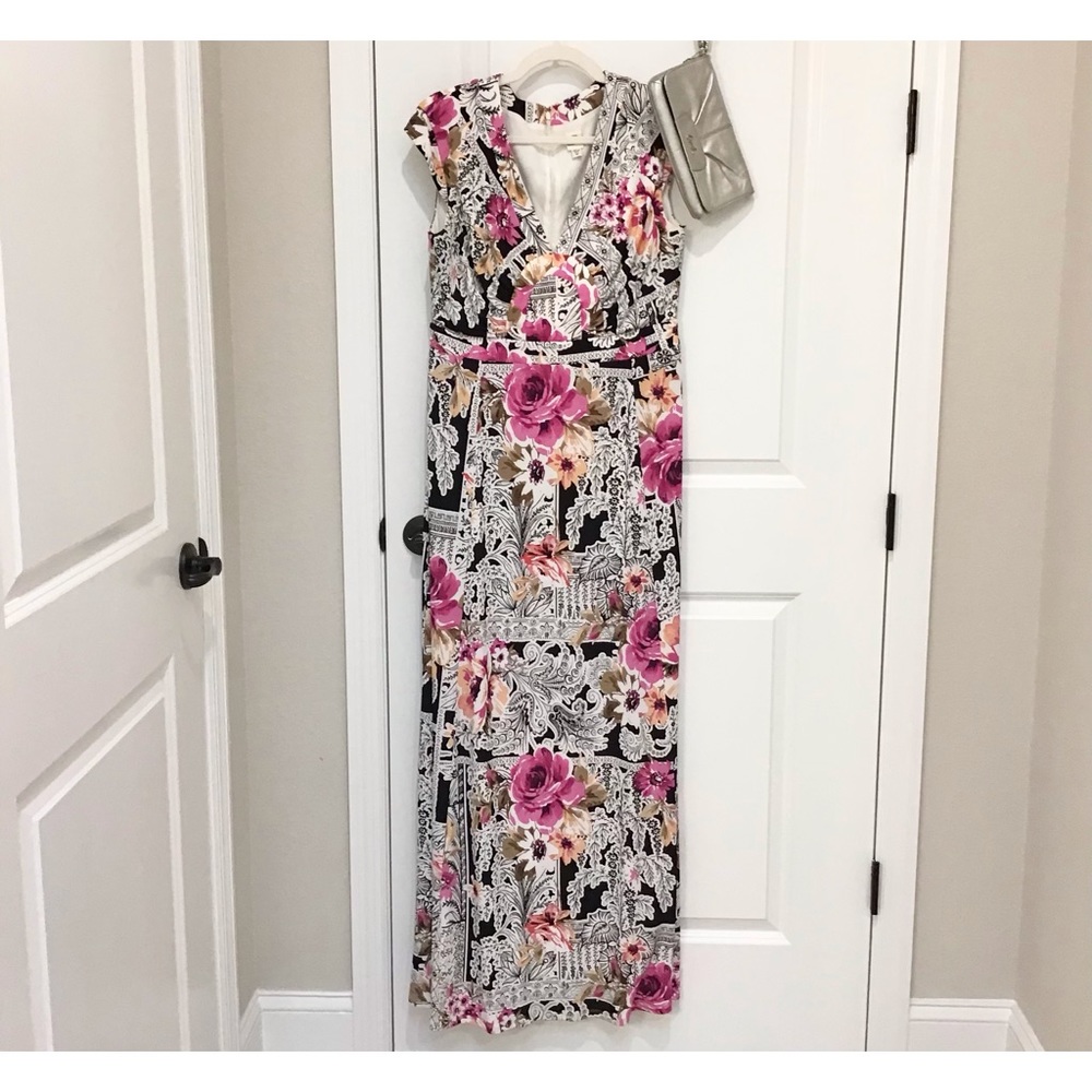 Sangria Black/Pink Floral Maxi Dress, Size 10, EUC